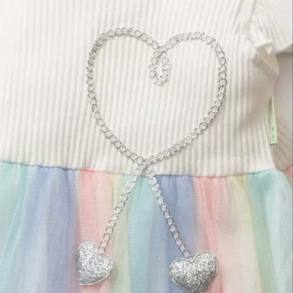 Pastel Rainbow Kids Girls Fly Sleeves with Heart Princess Tulle Midi Tutu Dress - Picture 5 of 9